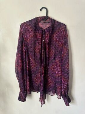 Lafayette 148 New York 100% Silk Button-Front Blouse Purple Geometric Size 10